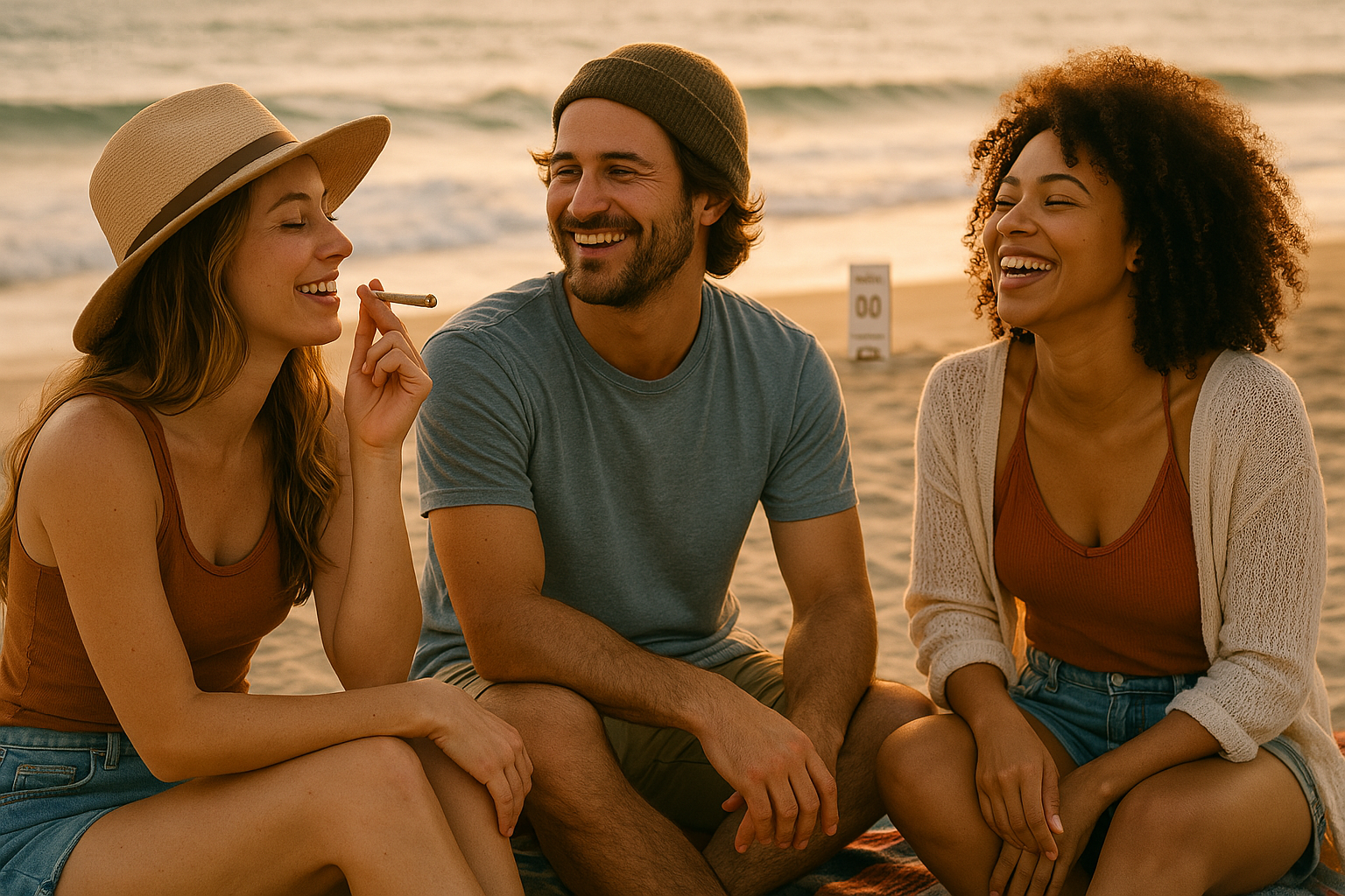 Friends enjoying Vibes 0.0 Pre-Roll at the beach during sunset
